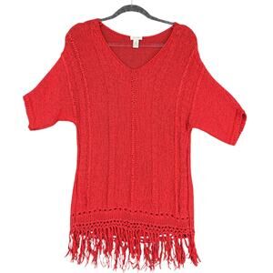 Chico's Orange V-neck Short Sleeves Fringed Hem Knit Sweater Size 8 / Medium (1)